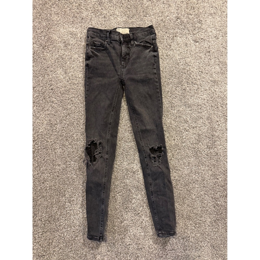 Free People Jeans Women 24 Black Skinny Distressed High Rise Frayed Hem Stretch